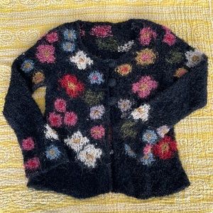 Handknit fuzzy bouclé floral cardigan